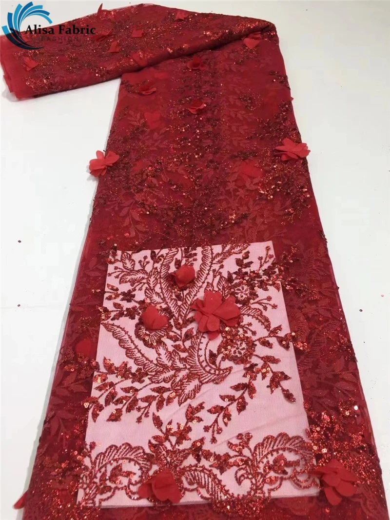 

3D Flower African Tulle Lace Fabric With Sequins 5 Yards Nigerian Laces Fabrics Bridal French Net Mesh Lace For Wedding Party