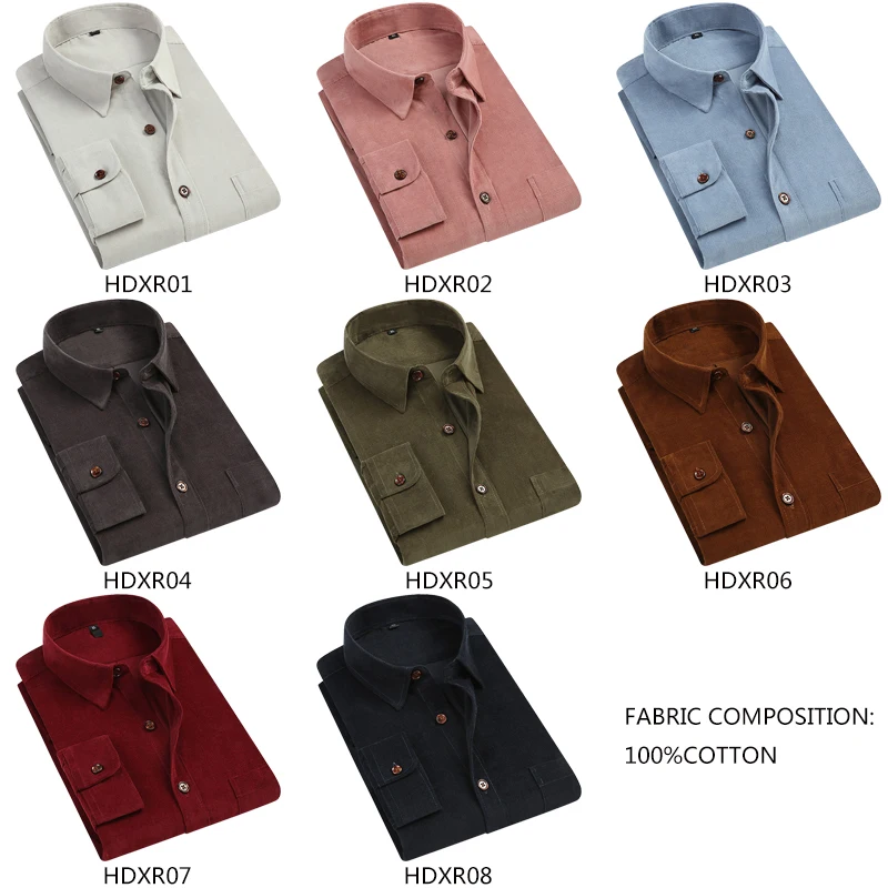 AOLIWEN men 100% cotton wine red solid color corduroy button spring autumn casual slim shirt sweat absorbent long sleeve shirts