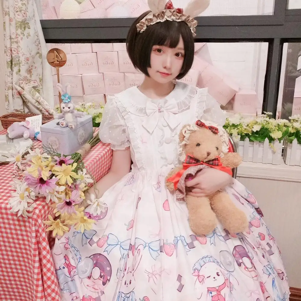 

Lolita dress vintage bowknot cute printing high waist princess victorian strap dress kawaii girl gothic lolita cosplay loli