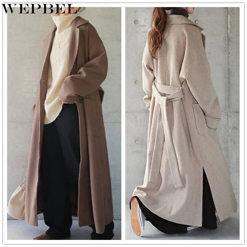 

WEPBEL Women's Winter Woolen Long Jacket Ladies Fashion Warm Long Sleeve Lapel Collar One Button Belt Coat Trench Outwear