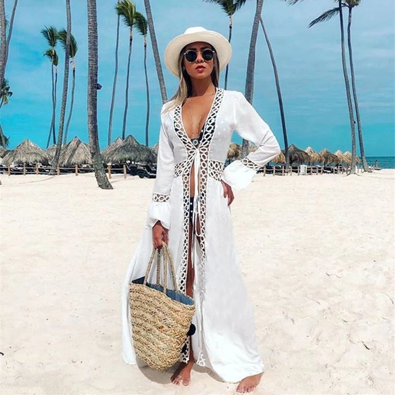 

2021 White Knitted Beach Cover up Dress Crochet Tunic Long Pareos Bikinis Cover ups Swim Cover up Robe Plage Beachwear