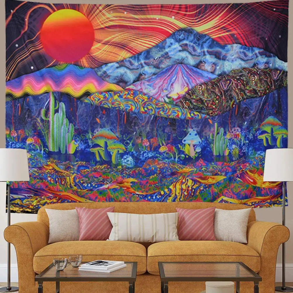 

Psychedelic Trippy Hippie Tapestry Wall Hanging Colorful Mountain Sun Landscape Mushrooms Blanket For Living Room Decoration