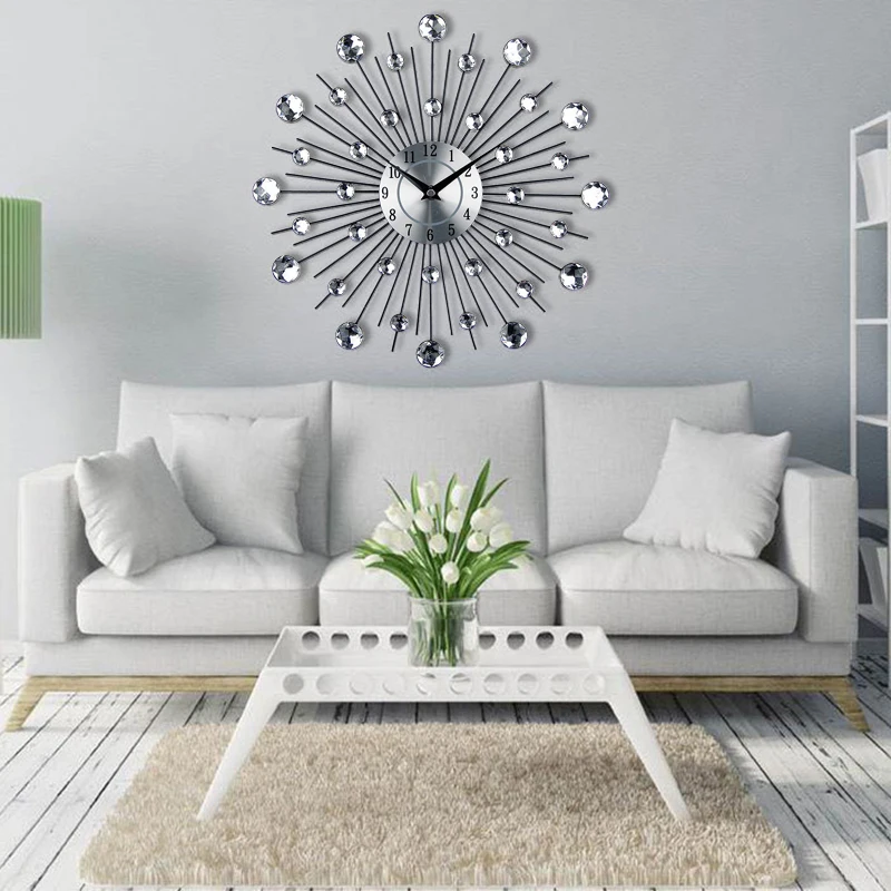 

13-inch Silver Crystal Sunburst Metal Wall Clock Original Vintage Metal Home Decor Clock Crystal Iron Diamond-Studded Wall Clock