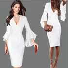 Платье женское средней длины с расклешенным рукавом, пикантный офисный сарафан с завышенной талией и глубоким V-образным вырезом, одежда больших размеров XXL, XXXL, 4XL, 5XL