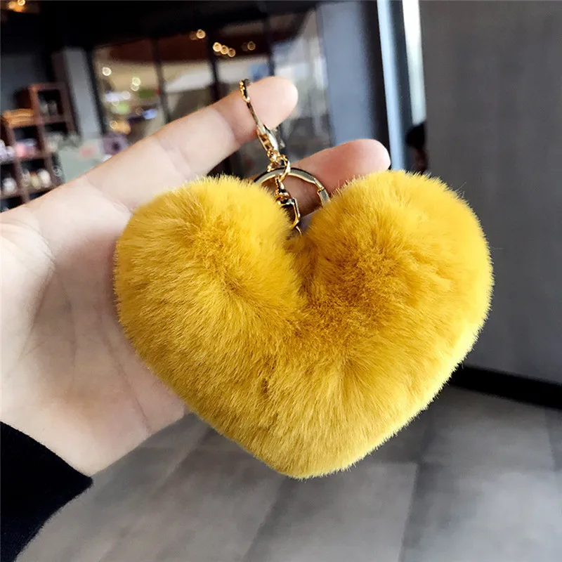 

Girl Bag Hang Car Key Ring Pendant Lovely Heart Keychains Women's Pom Poms Faux Rex Rabbit Fur Key Chains Bag Accessories