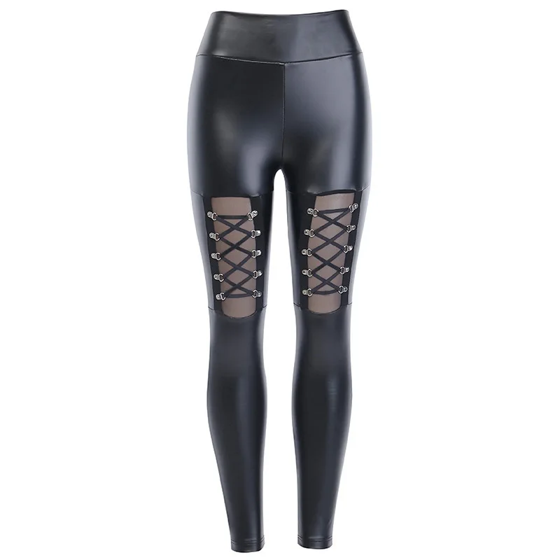 Girls Gothic Skinny PU Leather Pants Sexy See Through Lace Up Bandage Bodycon Tight Trouser Women High Waist Punk Club |
