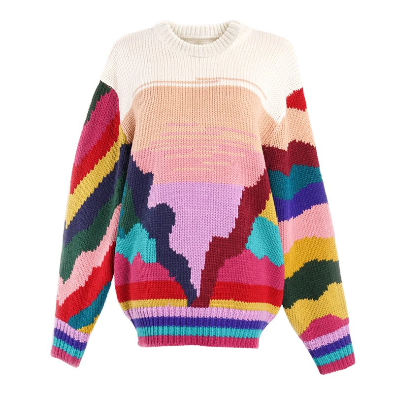 Candy Colorful Rainbow Handmade Kniteed Sweater Women Female O-Neck Sweet Strip 2020 Winter Pullover Jumpers Knitwear retro Loo