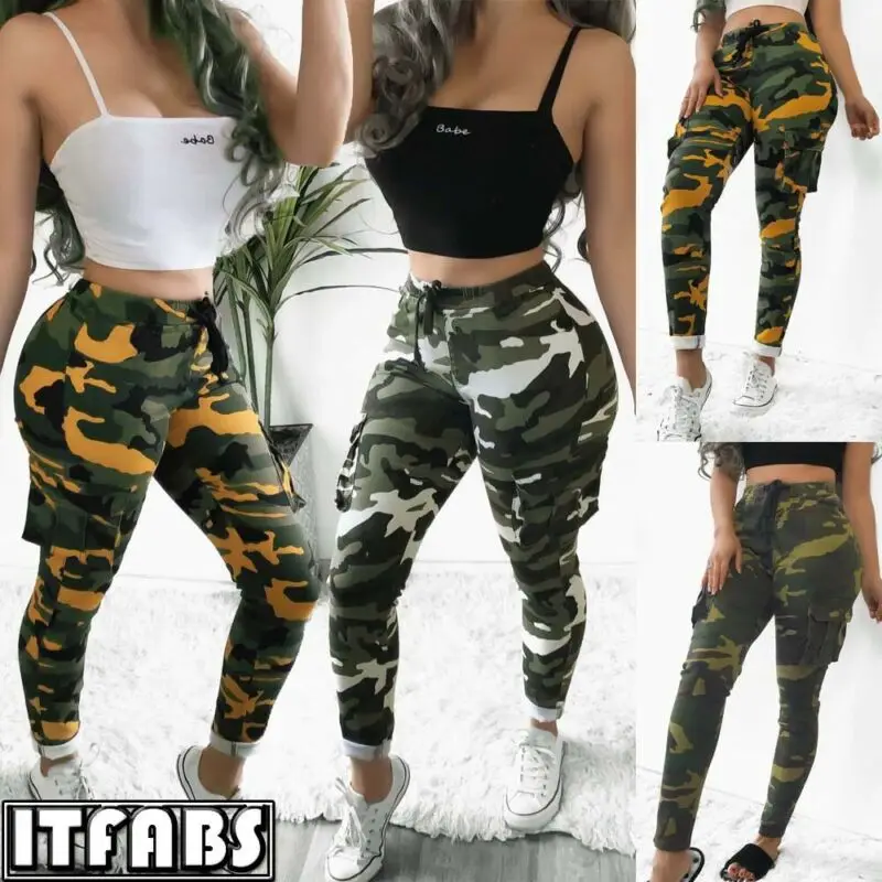 

Fashion Women Army Casual Camo Cargo Trousers Pant Combat High Waist Drawstring Camouflage Print Military Pants Trousers female