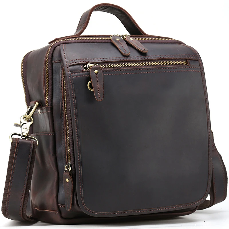 POOLOOS Large Capacity Leather Shoulder Bag Men's Crossbody Bags Menssenger Bag Multifunction Men's Business Bag Thick Leather
