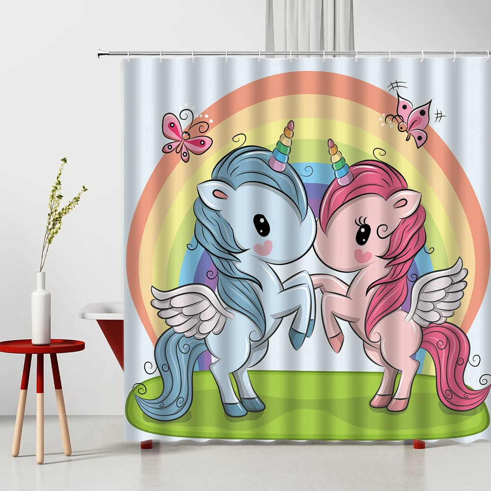 

Cartoon Unicorn Rainbow Butterfly Animal Cute Cat Shower Curtain Polyester Washable Bath Decor With Hook Child Bathroom Curtains