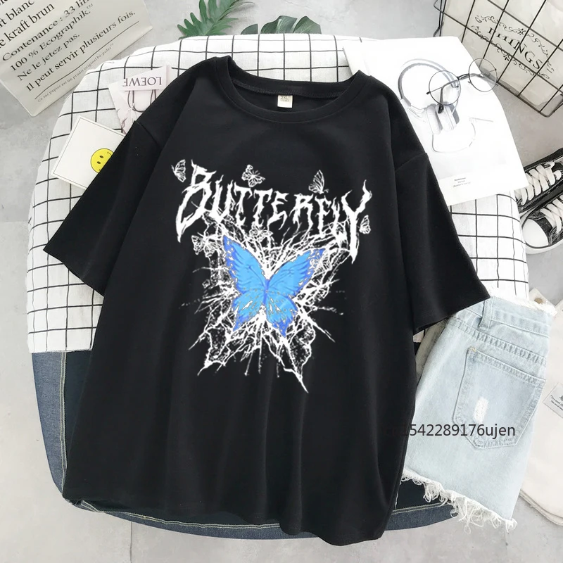 

Harajuku T-shirt Beautiful Gothic Butterfly Punk Cartoon Short Sleeve O-Neck Top Summer Oversize Streetwear Women Clothing