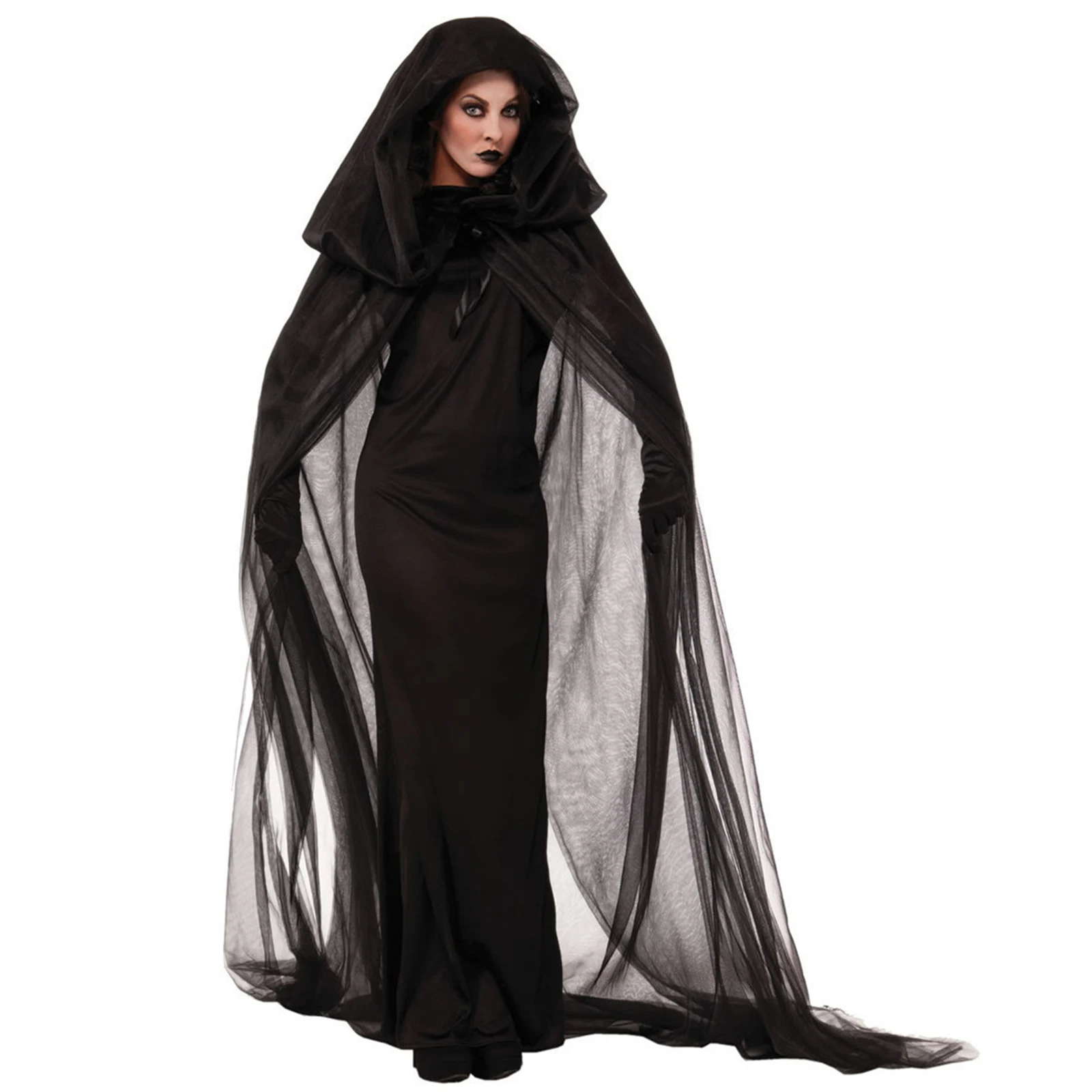 

2Pcs Women Cosplay Costume Solid Color Hooded Mantel Cloak + Slim Long Dress For Halloween Party Role-Play Black Fashion M-2XL