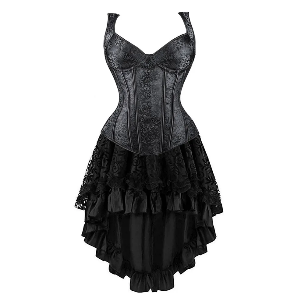 

Corset Dress Women Gothic Overbust Bustier Vest with Lace Skirt Set Burlesque Vintage Corselet Plus Size Halloween Costume S-6XL