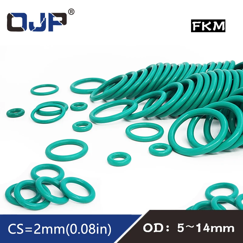 10PCS Fluorine rubber Ring Green FKM O ring Seal OD 5/6/7/8/9/10/11/12/13/14*2mm Thickness O-Ring Seal Oil Gaskets Fuel Washer