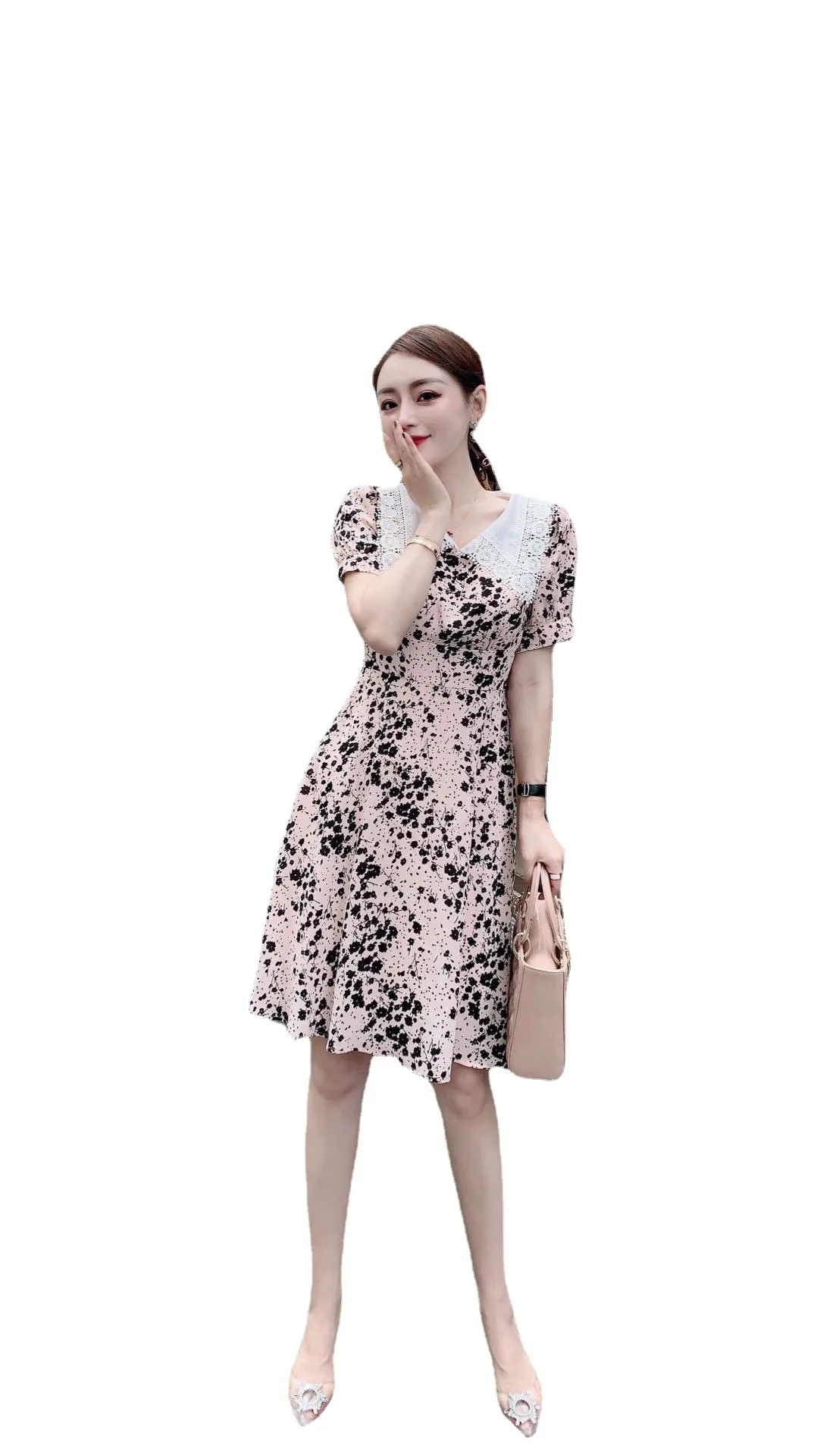 

Elegant style lace neck gentle style dress new summer 2021 French flower