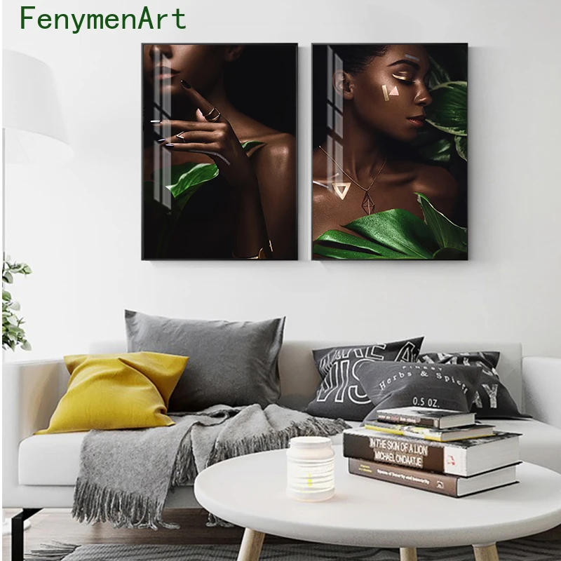 

Картина на холсте с зелеными листьями и черной девушкой, плакат и печать с африканской женщиной, современные настенные картины для гостиной...