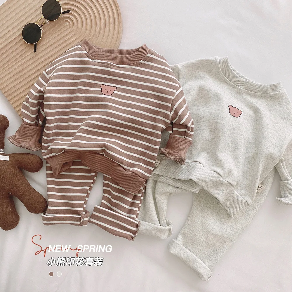 

2021 fashion newborn toddler baby boys girls clothes sets bear print long sleeve T-shirt tops pant 2pcs otufits set kids clothes