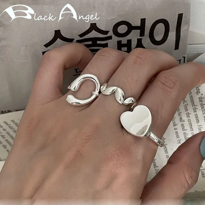 

BLACK ANGEL 925 Sterling Silver Irregular Leaves Ring for Women Vintage Fashion Simple Warped Edge LOVE Heart Party Jewelry Gift