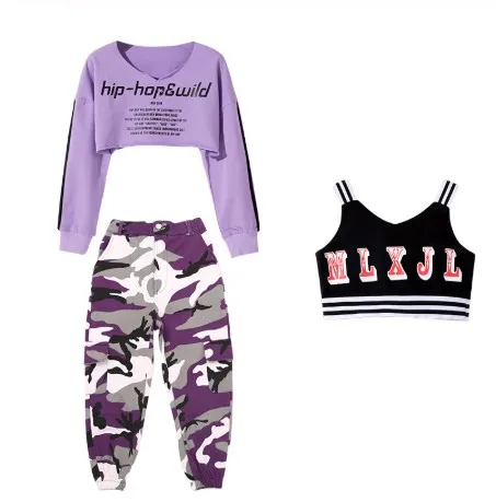 3Pcs Костюм для джазовых танцев; детская одежда в стиле хип-хоп; фиолетовый топ с длинными рукавами; камуфляжные штаны; черный жилет; одежда для выступлений для девочек; DN2616 - Цвет: 3Pcs