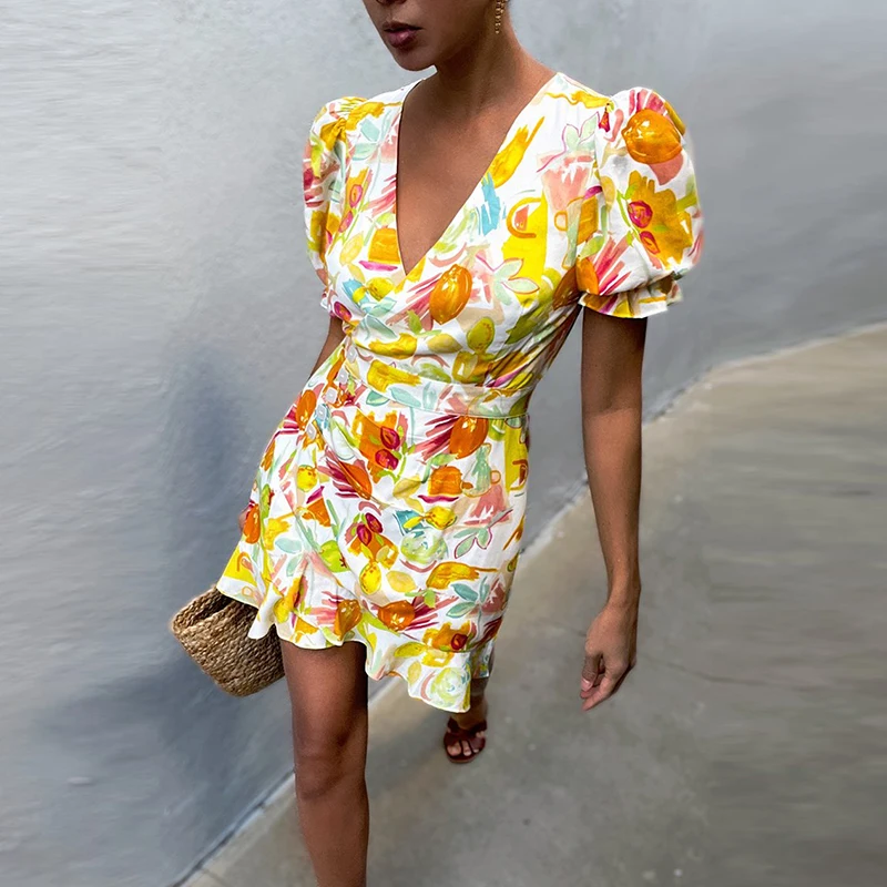 

Summer Women Party A Line Mini Dress Casual Floral Print Short Puff Sleeve Button Wrap Dresses Fashion Ladies Vetidos Robe 2021