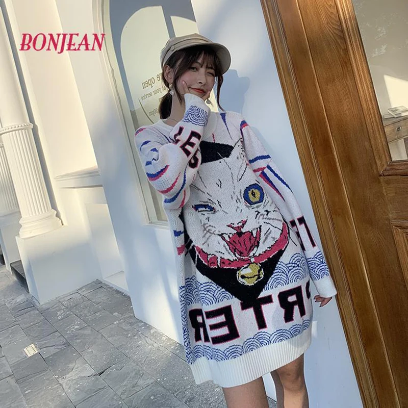 

2020 Cute Cat Sweater Christmas Jumper Japanese Fashion Women New Autumn and Winter Loose Oversized Korean Long Winter Sweater