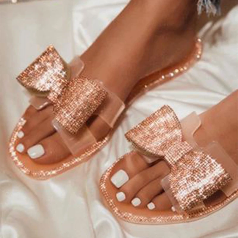 Прозрачная обувь Женские шлепанцы со стразами прозрачные Женская на плоской