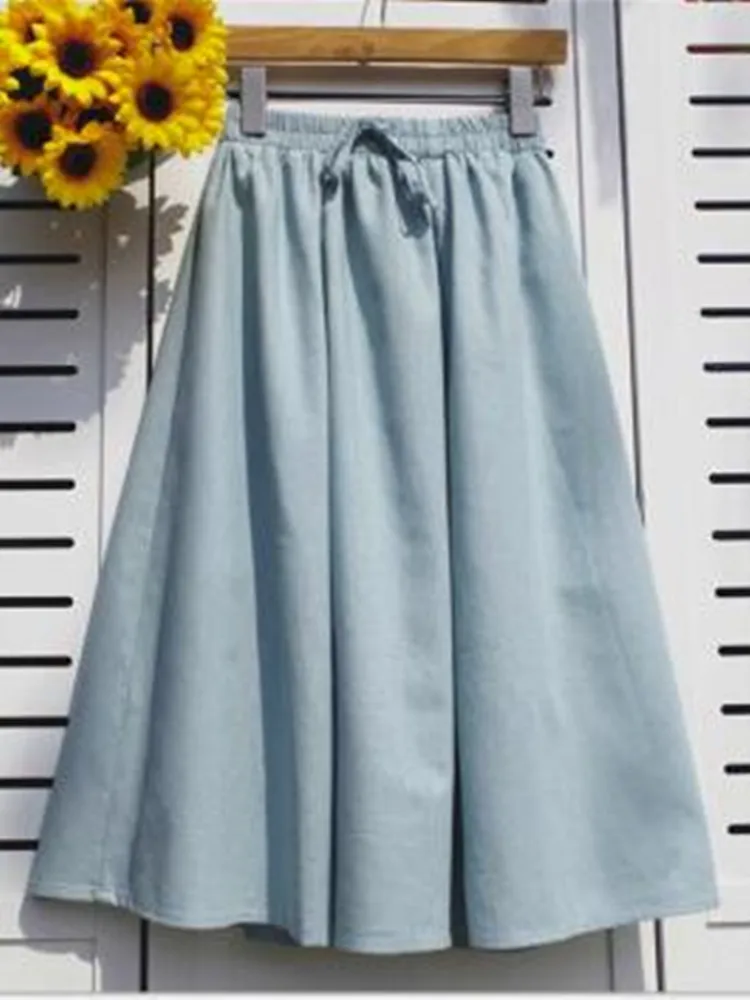 

Spring Summer Women Mid-Calf Skirt Elastic Waist Blue Solid Casual Skirt Femme Cotton Linen Elegant Vintage Pleated Skirt J974
