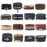 4pcs set braided wrap leather bracelets for men women vintage life tree rudder charm wood beads ethnic tribal wristbands