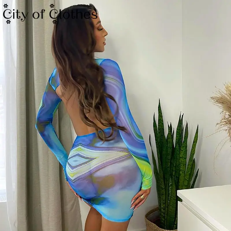 

Женское пляжное мини-платье с принтом, облегающее Сетчатое платье с длинным рукавом и открытой спиной для отдыха, лето 2021