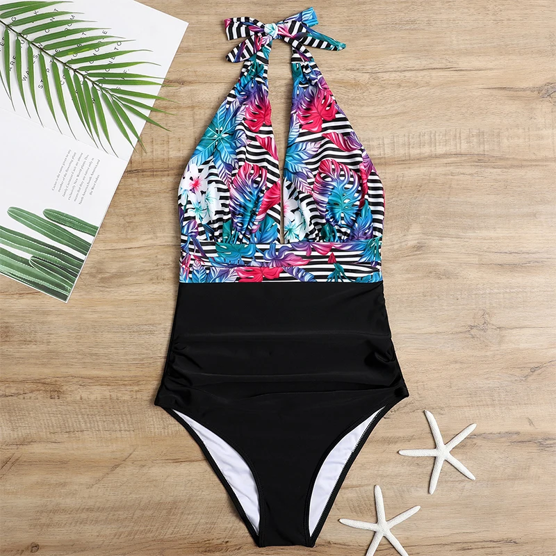 

Summer Sexy Bikini 2021 Swimsuit Women Two Piece Plant Print Deep-V Halter Bandage Backless High Waist Beachwear Bathing Suit