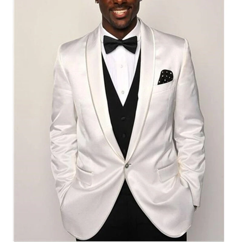 

Африканская мода, смокинг для жениха для свадебного ужина, 3 предмета, приталенные мужские костюмы, белая куртка, черный жилет с брюками 2021