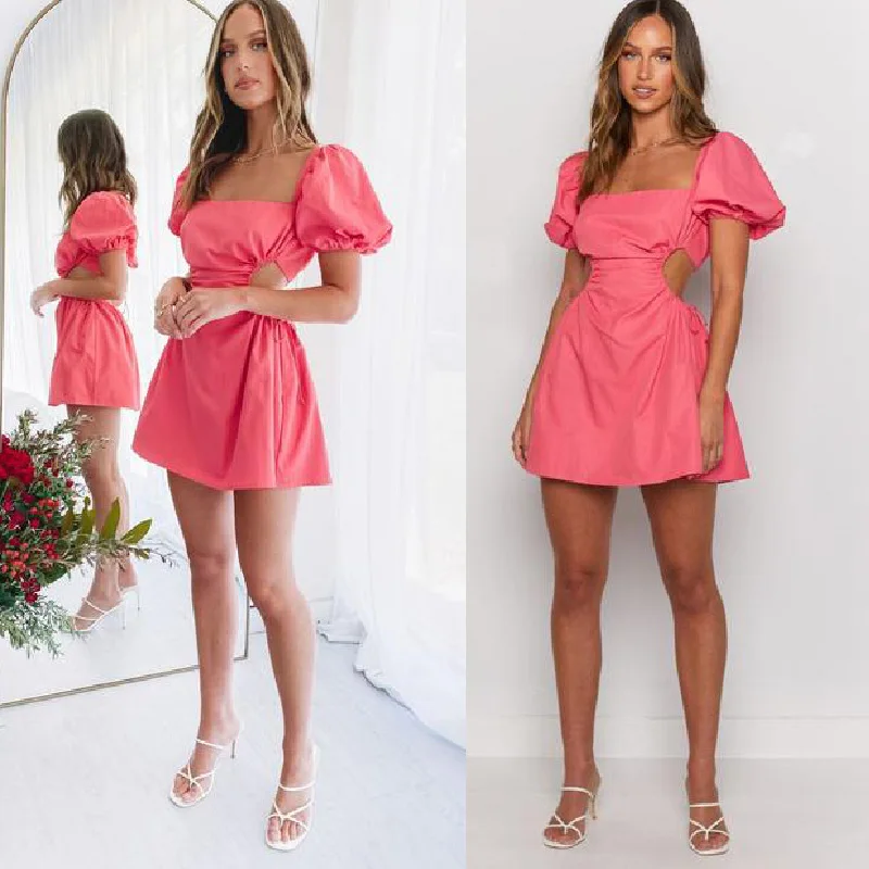 

Women Plaid Print Sexy Backless Dress 2021 Summer Slim Puff Short Sleeve Lace-Up Female Casual White Beach Mini Dresses Vestidos