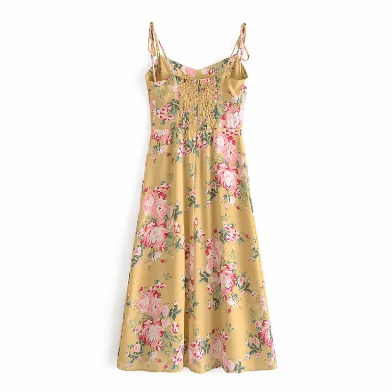 

ZA 2021 Summer Bow Floral Dress Women Sleeveless Elastic Dresses Beach Style V-Neck Dresses Fashion Woman Knee-Length Dress
