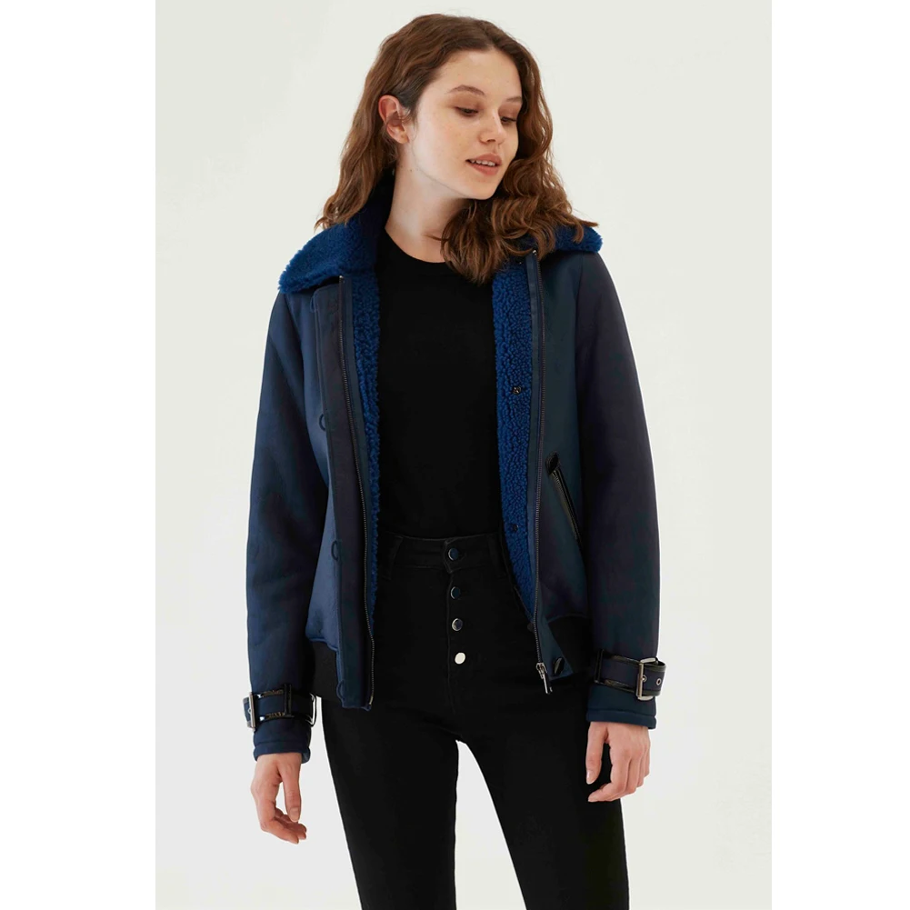 New Womens Admiral Shearling Jacket Turkey Wool Coat College Outwear Short Fur Coat Blue Leather Jacket