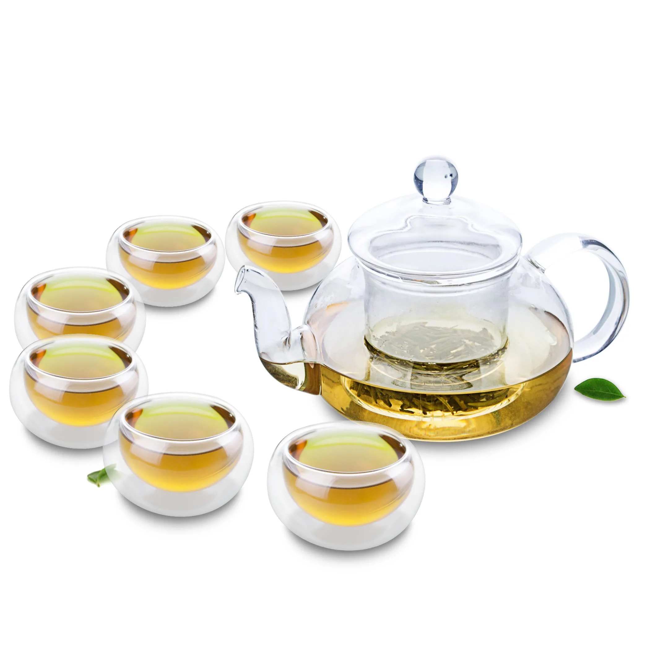 

Heat-Resistant Flower Teapot & 6PC Glsss Round Double Wall Teacups Mugs Set