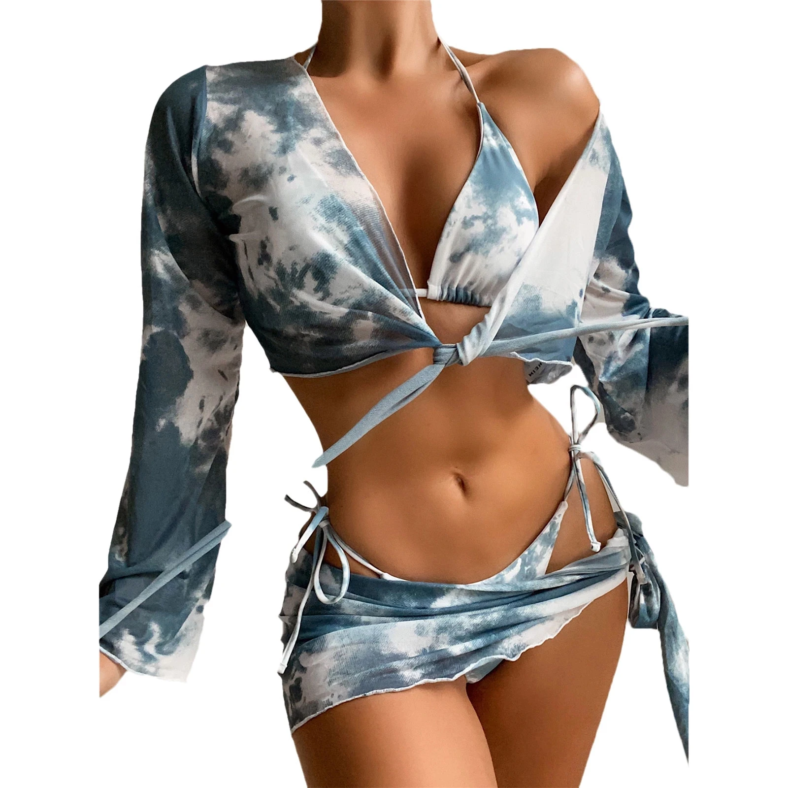 

4 Pieces Bathing Suit Female Tie-Dye Print Strappy Bikini Tops+ Long Sleeve Smock+ Panties+ Skirt for Summer