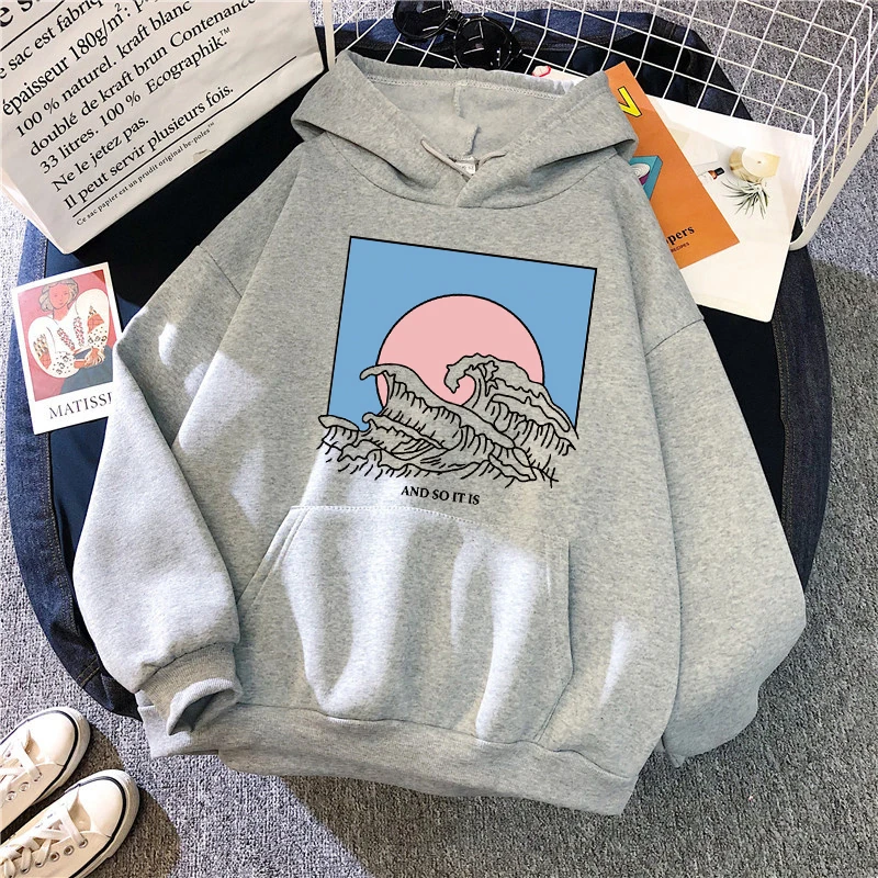 

Hoodies Women Japanese Waves Printed Autumn Sweatshirt Female Harajuku Kawaii ladies Pullover Thicken Couple Coat woman Hooded