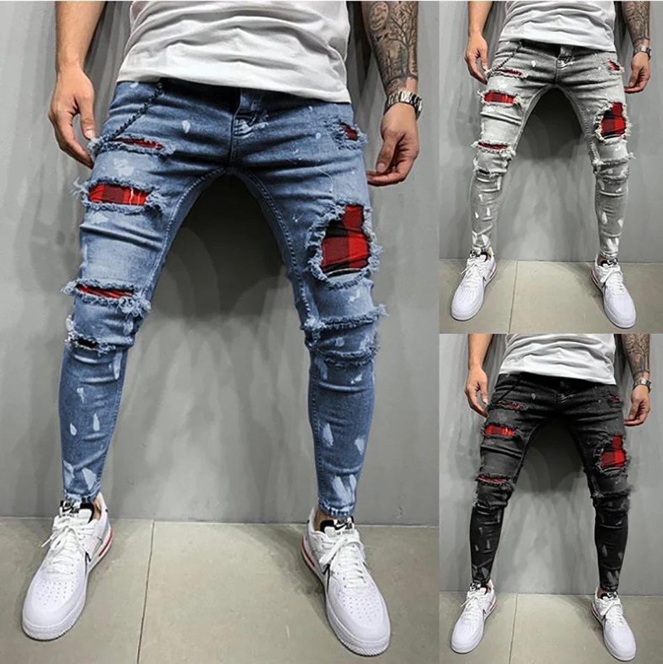 

Plaid Splicing Hole Stretch Denim Pants Slim Fit Casual Jeans Man 2021 Urban Homme Original Streetwear Fashion Brand Clothing