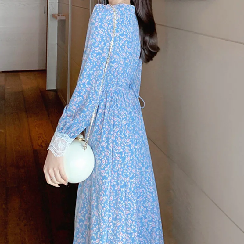 

2021spring Fall Platycodon Grandiflorum Flowers Slim Lace V-neck Retro French Long Sleeve DressFemale Boho Dress Casual Vestidos