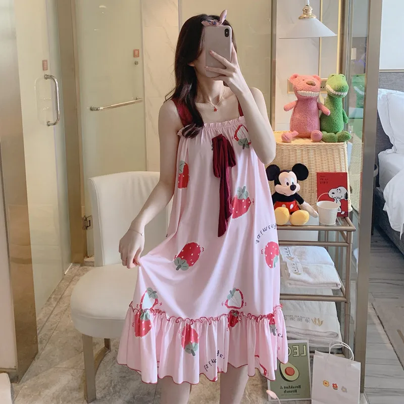

Hot Sale Summer Short Sleeve skirt Women Lovely Sleepwear Chemise Young Teen Cartoon Modal fabric Night Sleep Dress For Girls