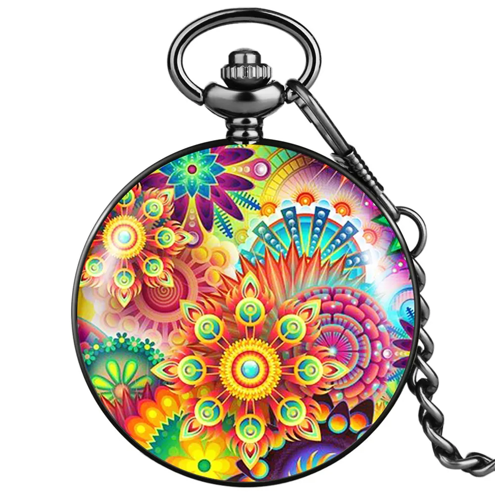 

Colorful Mandala Pattern Quartz Black Pocket Chain Watch Women Digital Clear Dial Practical Necklace Pendant Gift For Friends