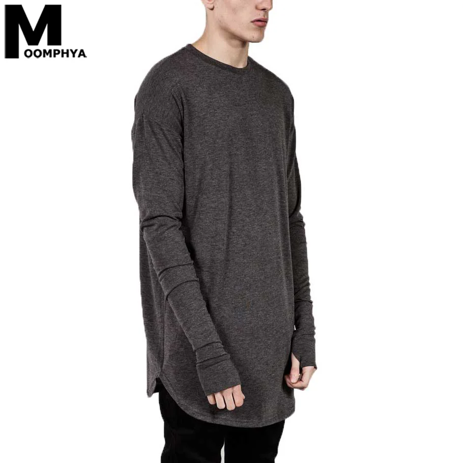 

Мужские Хип-Хоп Длинным Рукавом Футболки С большим пальцем Отверстие Манжеты Тройники рубашки Кривая Подол Мужчины уличная одежда футболк...