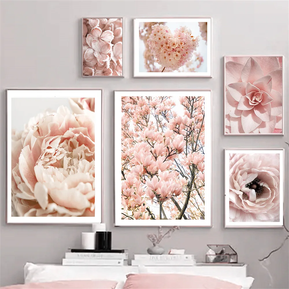 

Nordic Pink Flower Wall Art Poster Blooming Art Print Heart Rose Flora Canvas Painting Modern Pictures Living Room Home Decor