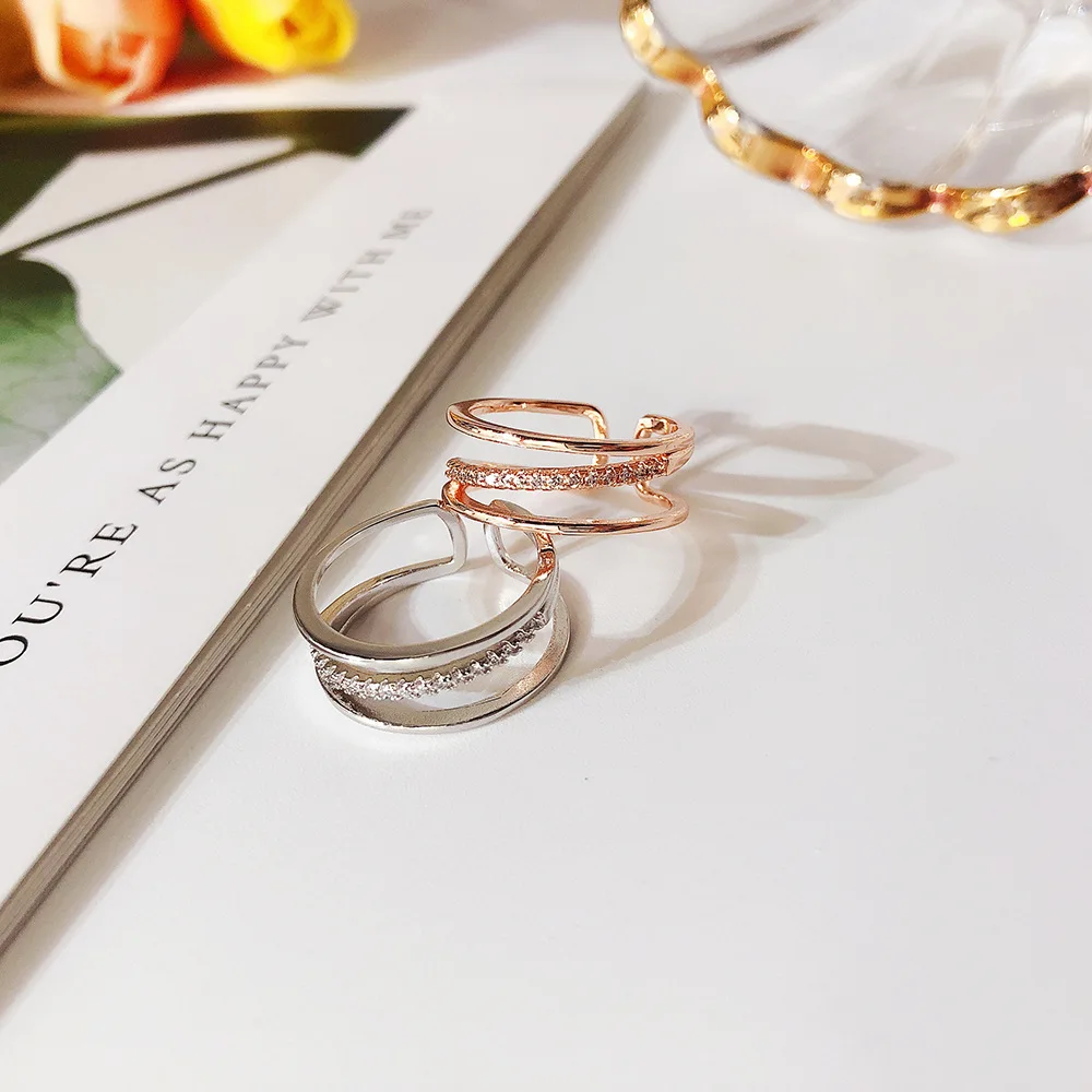 

SIPENGJEL Fashion Cubic Zircon Simple Rose Gold Geometric Line Ring Double Layer Hollow Rings For Women Korean Style Jewelry