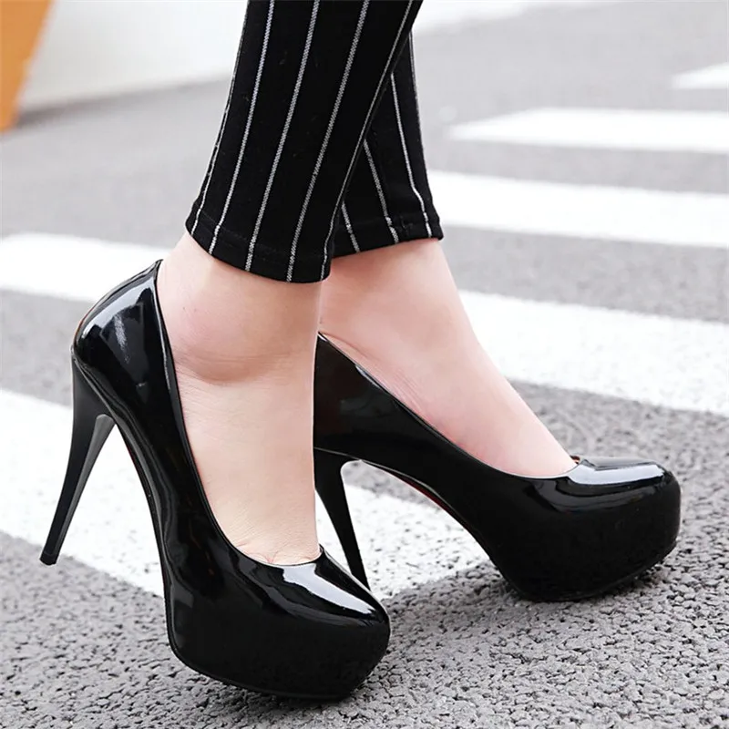 

High Heels Platform Women Shoes Stiletto Heel Patent Leather Pumps Round Toe Slip on Spring Office Work Shoes Red Black Size9 42