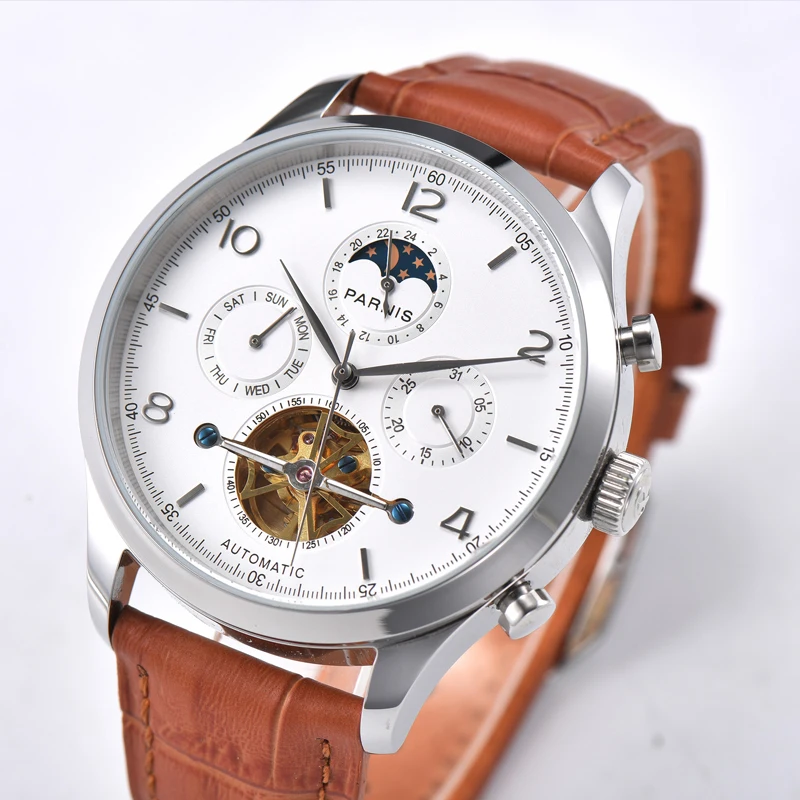 

New Parnis 43mm Silver Case Automatic Men's Watches Brown Leather Strap Moon Phase Calendar JHS35 Movement Mechanical Men Watch