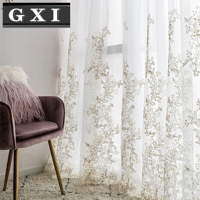 

GXI Luxury Embroidered Tulle Curtains for Living Room Wedding Sheer Gold Thread Delicate White Dimensional Relief Voile