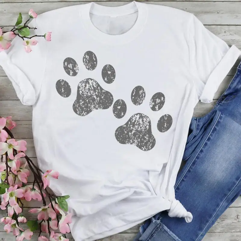 

Women Graphic Beach Vacation Dog Paw Trend Cartoon Summer Fashion Female Clothes Print Short Sleeve Tops Tees Tshirt T-shirt