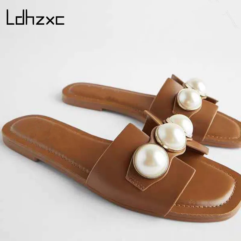 

LDHZXC 2021 New Summer Women's Slippers and Sandals Low Heel Female Square Toe Woven Slide Sandals Lady's Fashion Shoes Flat