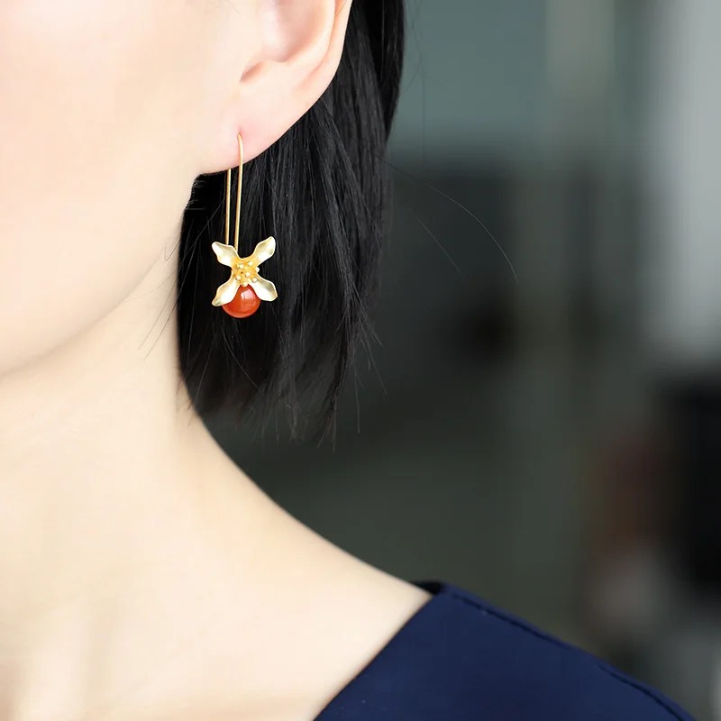 

DAIMI Gemstones Liangshan Persimmon Red Southern Red Agate Earrings Female Natural 925 Sterling Silver Antique Earrings